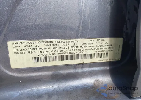 2007 Volkswagen Jetta 2.5 z USA, uszkodzony, nr VIN 3VWDF71K37M093321